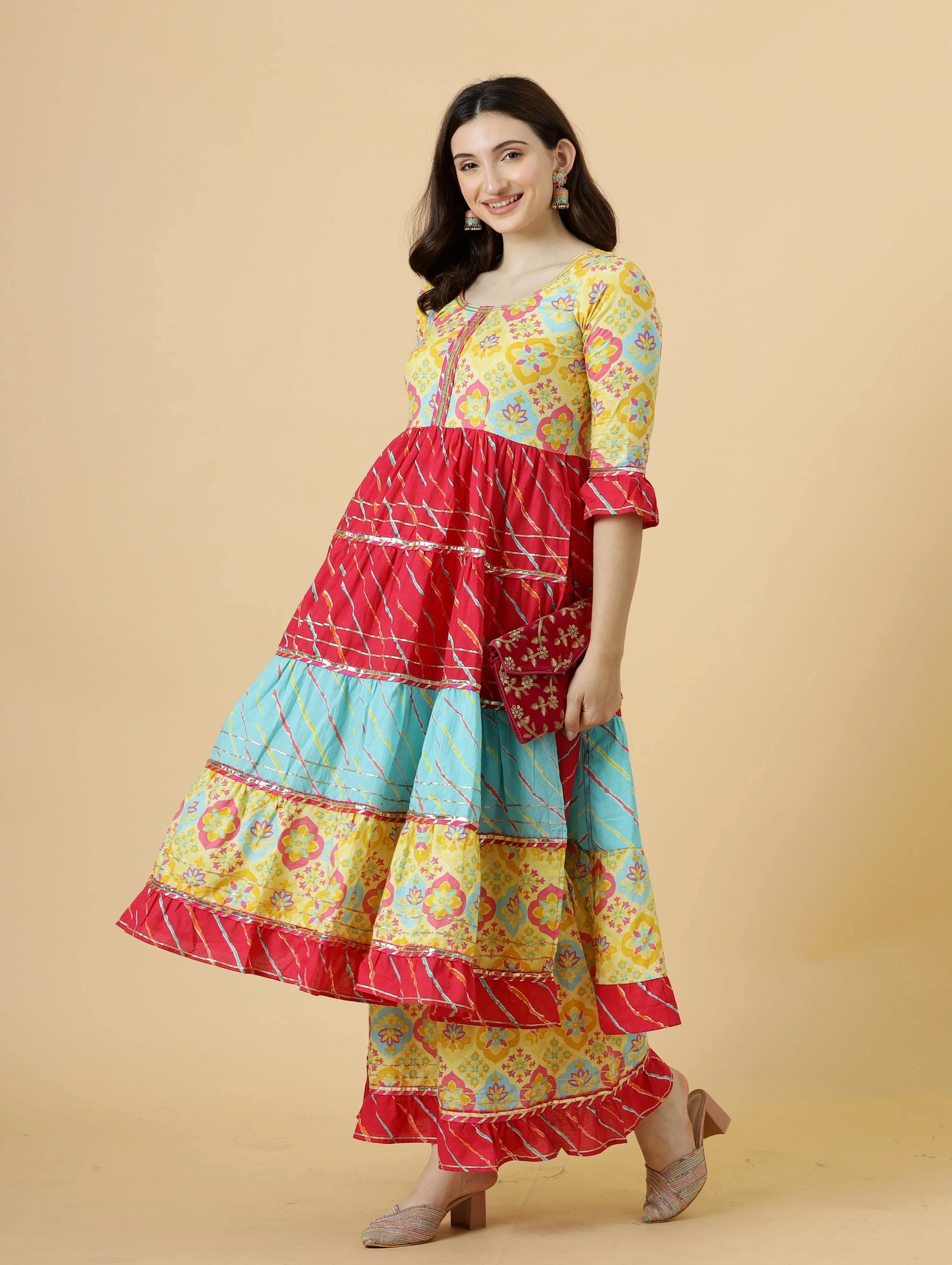 Stylish Multicolor Sanganeri Frock Kurti-Palazzo Set