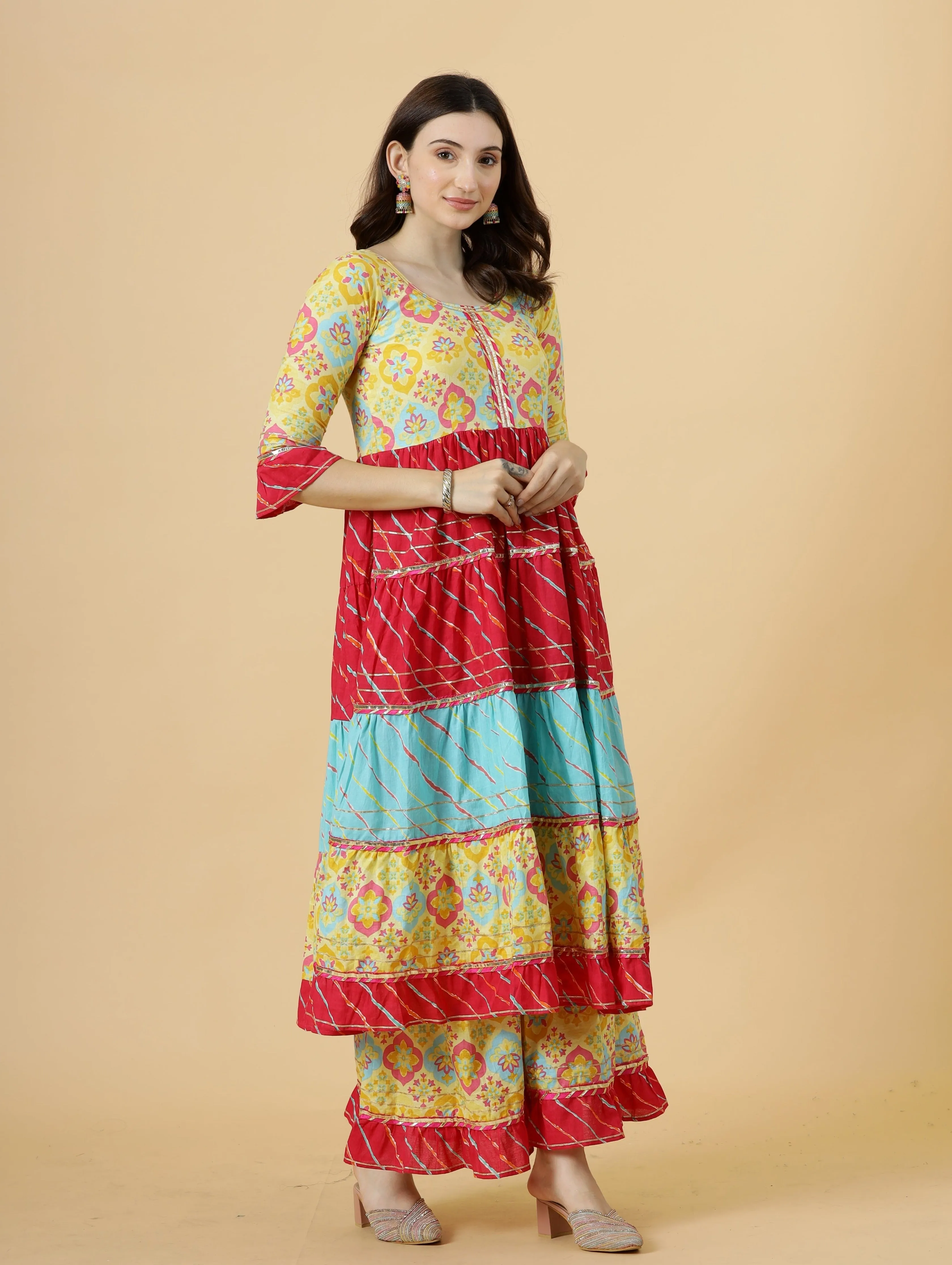 Stylish Multicolor Sanganeri Frock Kurti-Palazzo Set