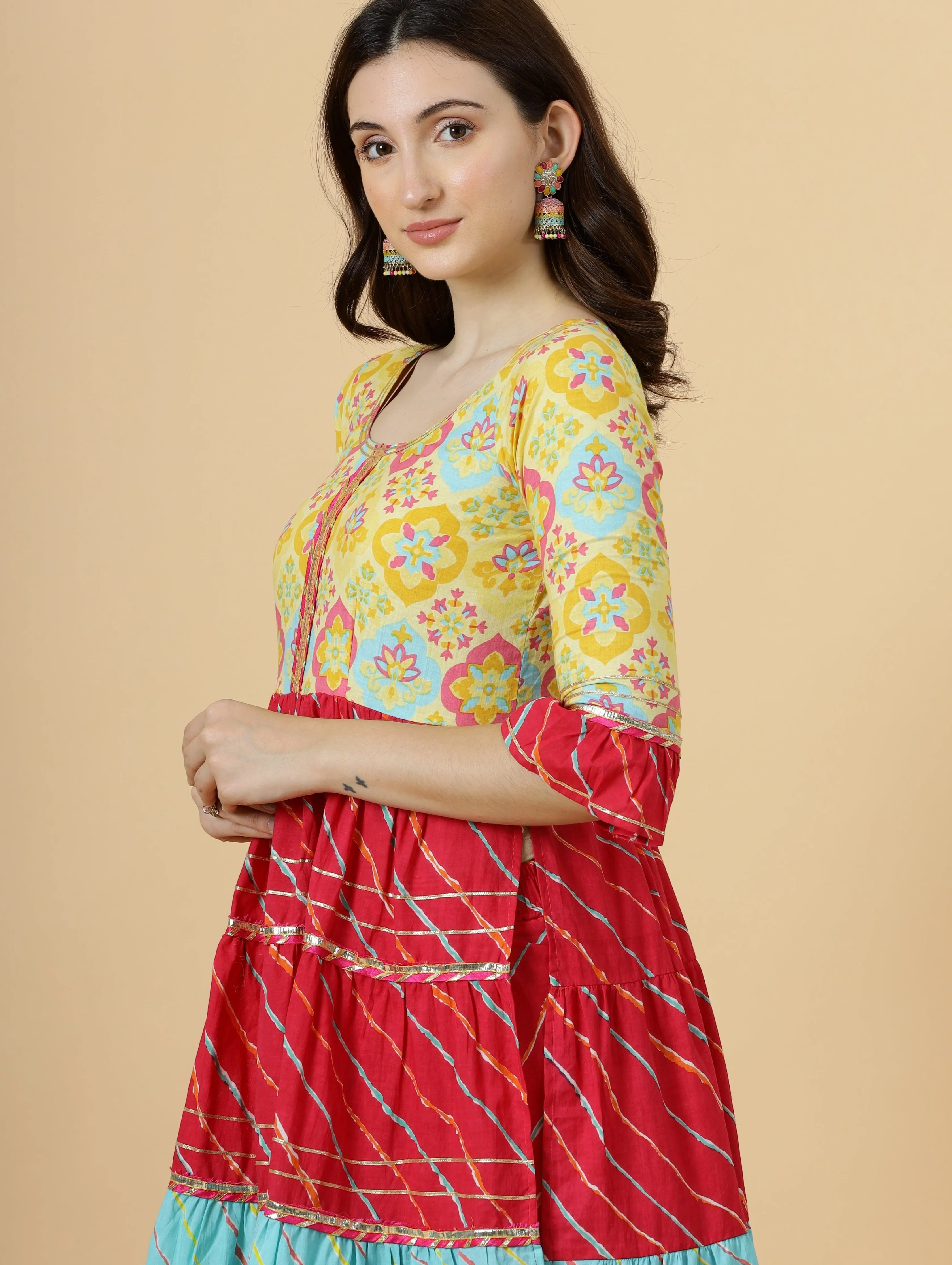 Stylish Multicolor Sanganeri Frock Kurti-Palazzo Set