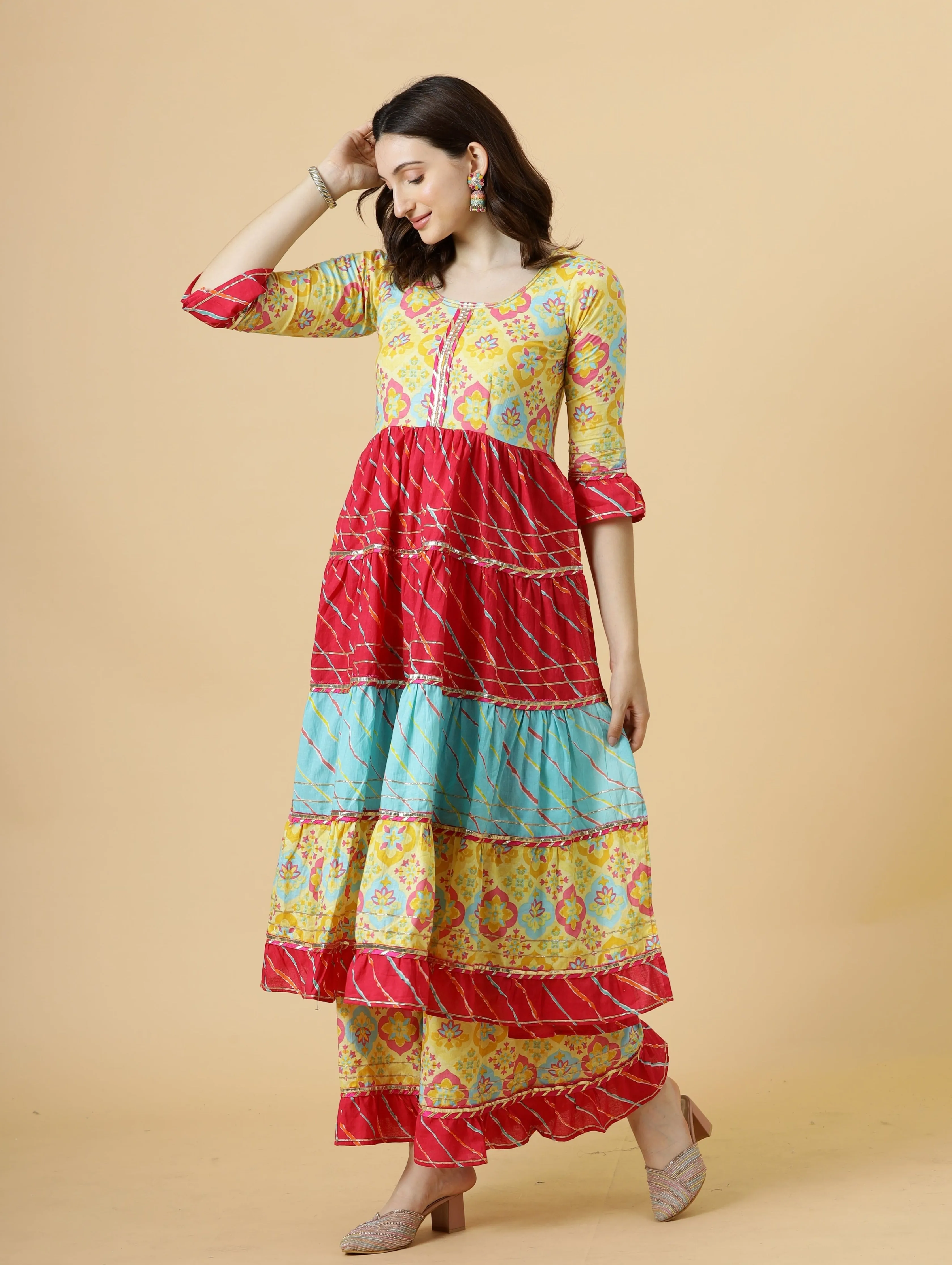 Stylish Multicolor Sanganeri Frock Kurti-Palazzo Set