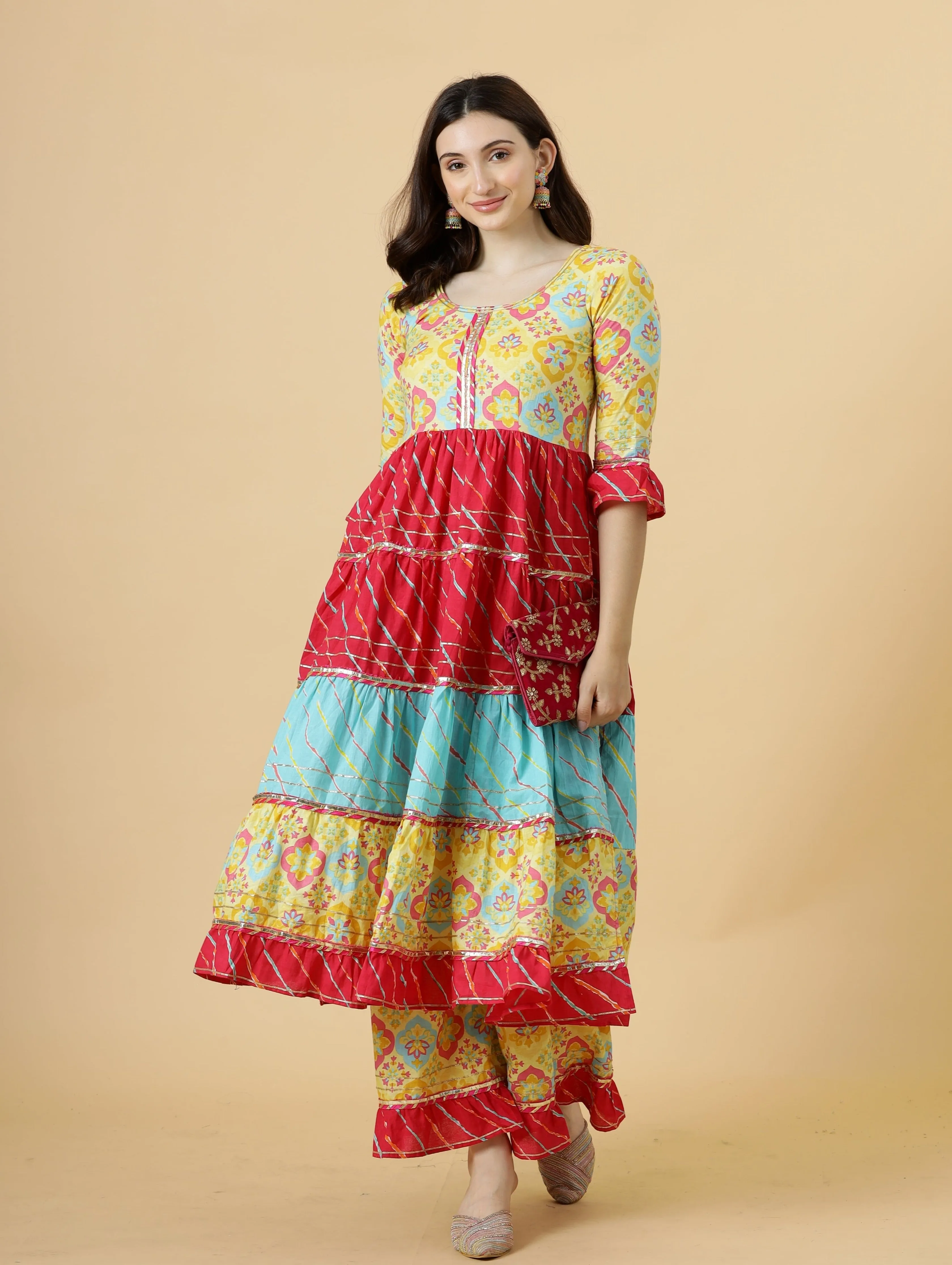 Stylish Multicolor Sanganeri Frock Kurti-Palazzo Set