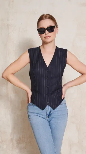 Tailored Waistcoat in Navy Pinstripe by Anna James