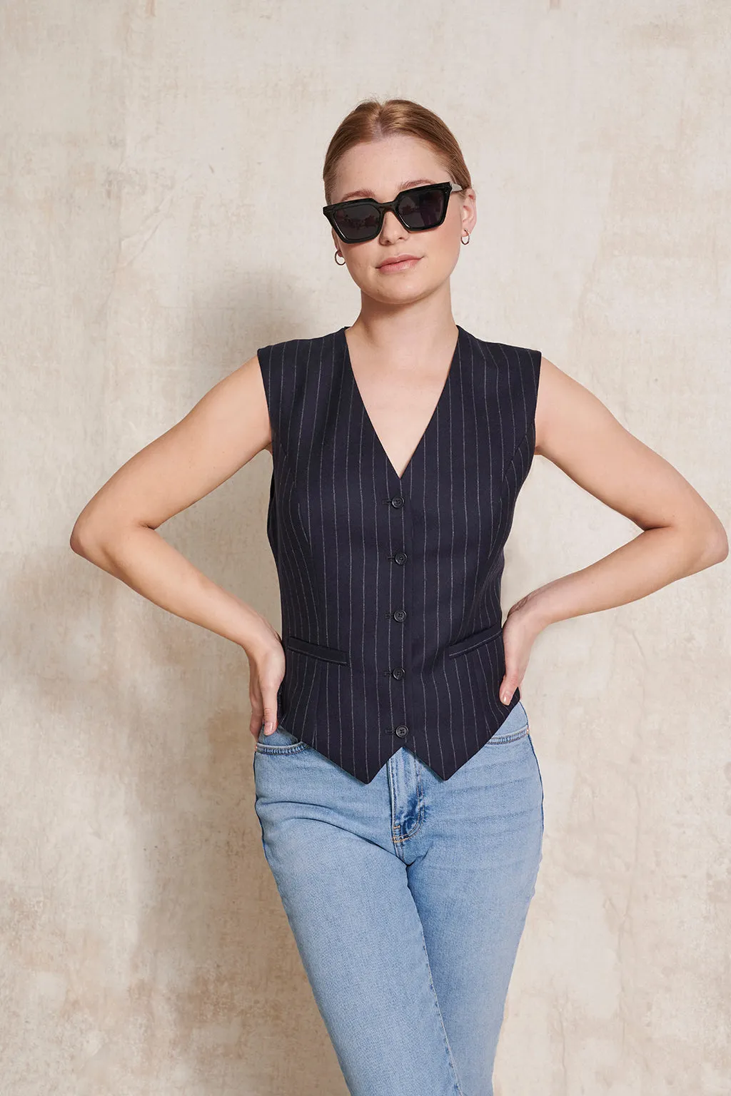 Tailored Waistcoat in Navy Pinstripe by Anna James