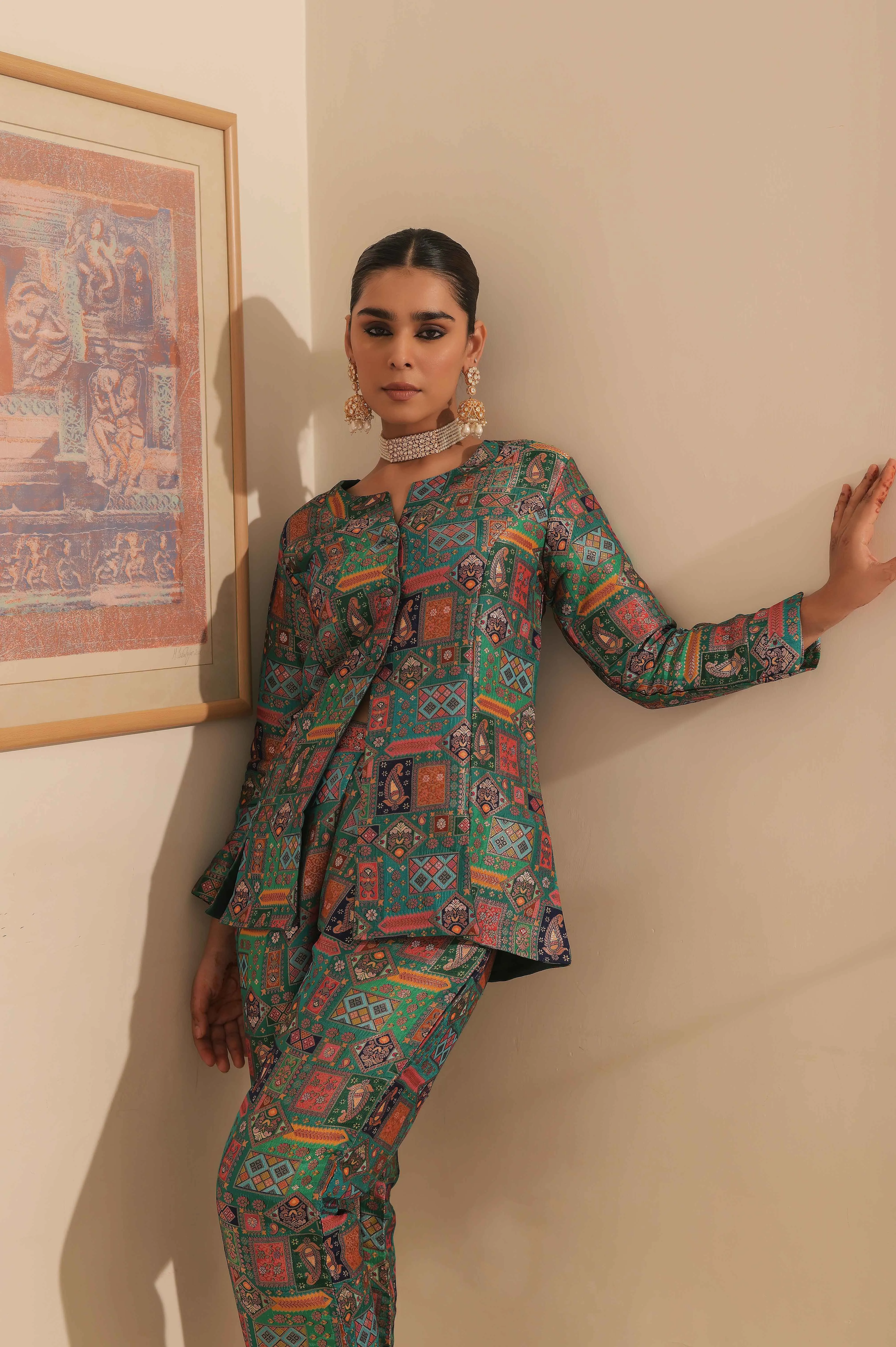 Teal Green Banarsi Brocade Blazer Set