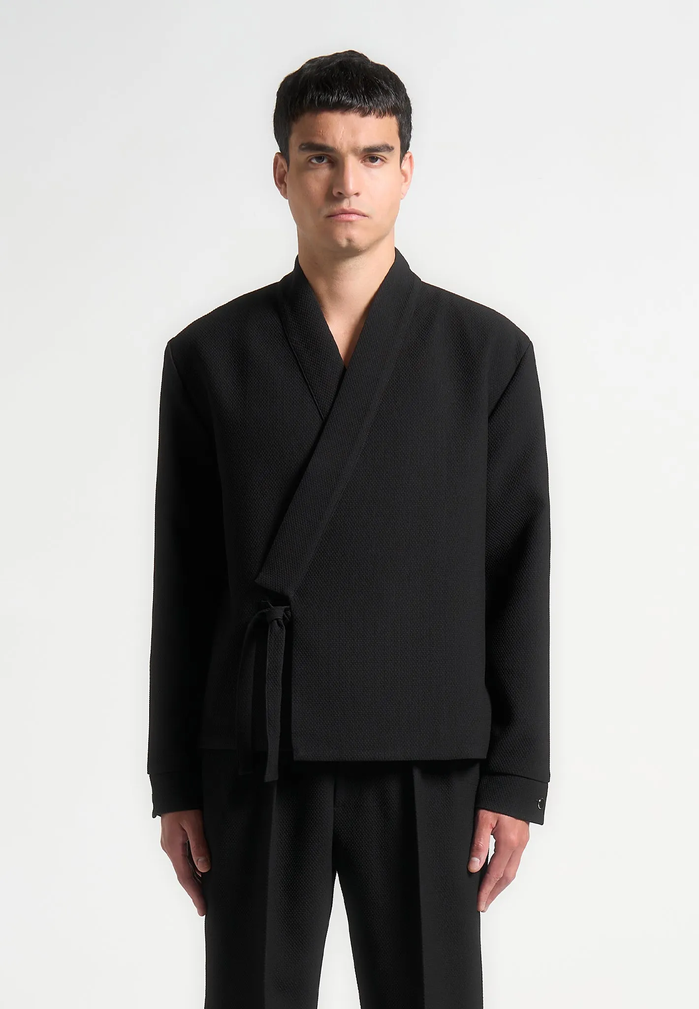 Textured Kimono Wrap Jacket - Black