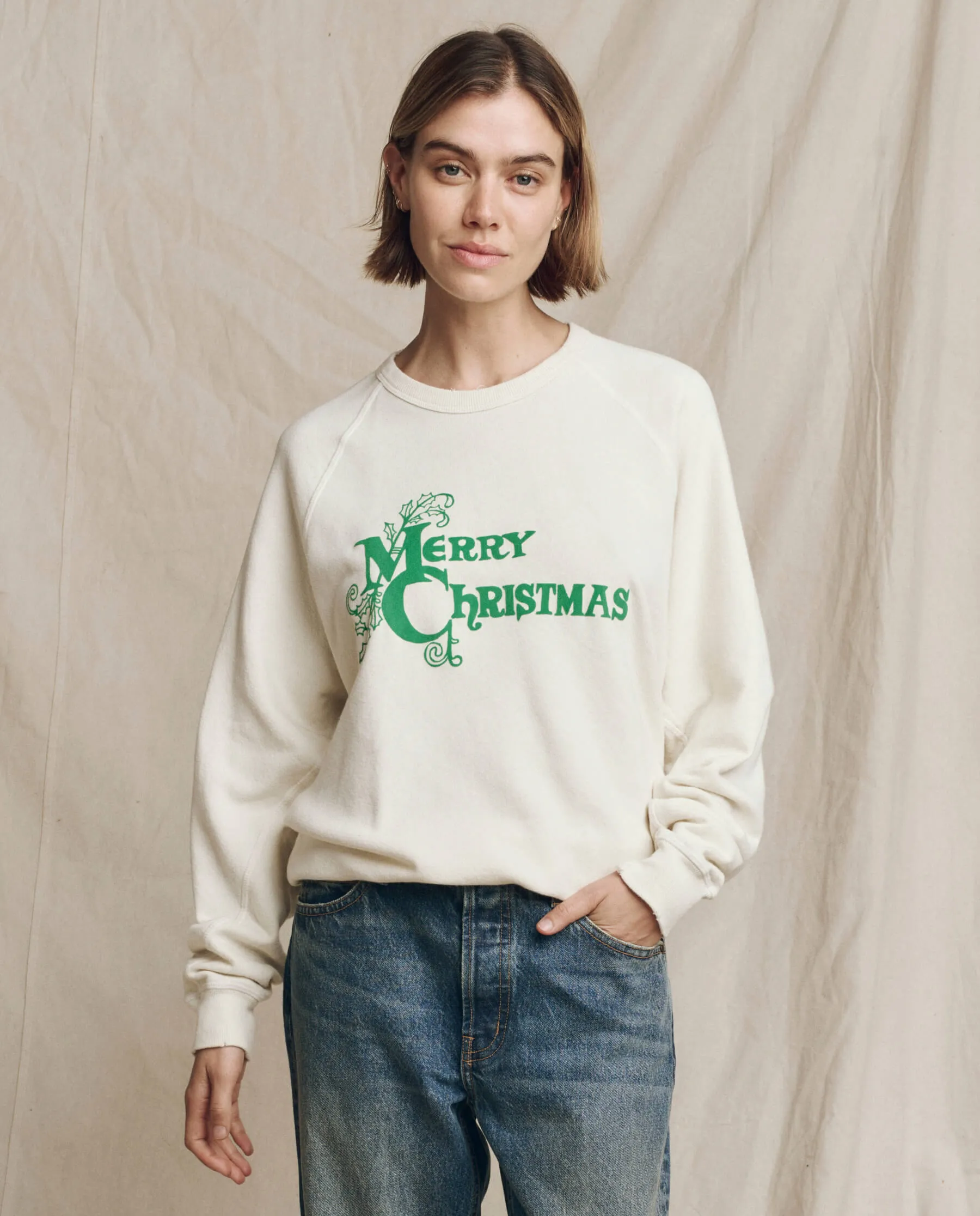 The College Sweatshirt. Graphic -- Washed White with Merry Christmas Graphic