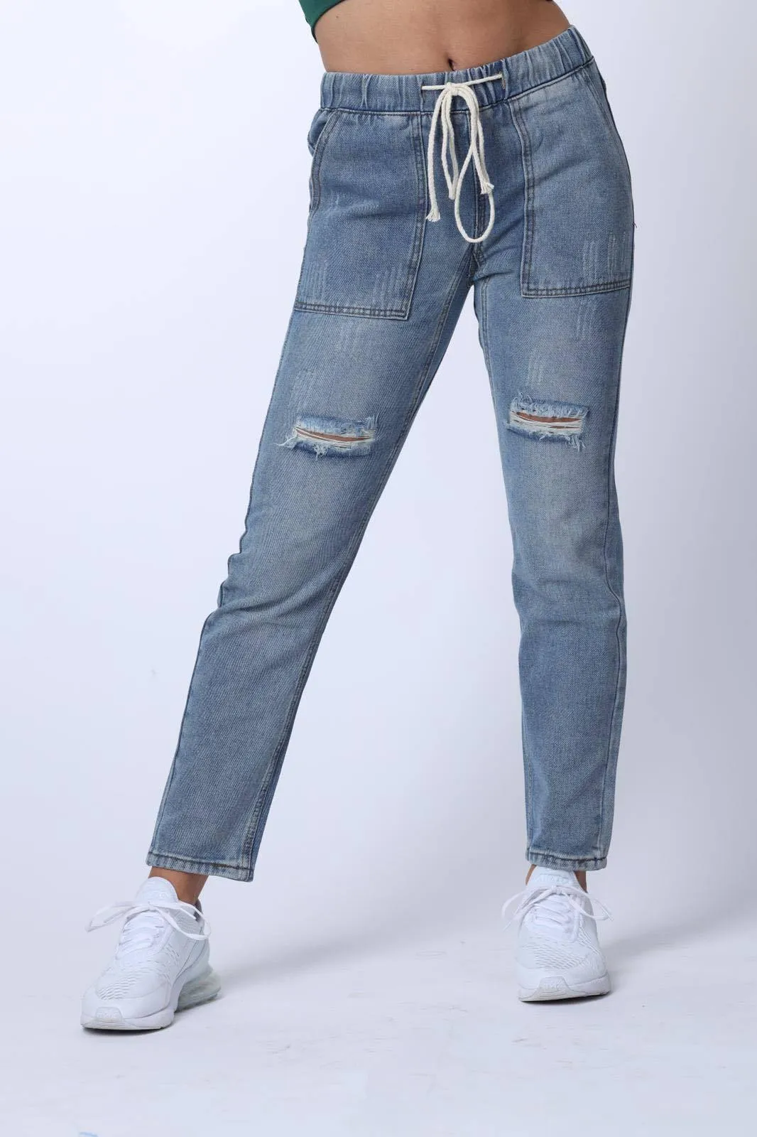 Tie Waist Ripped Jeans in Blue