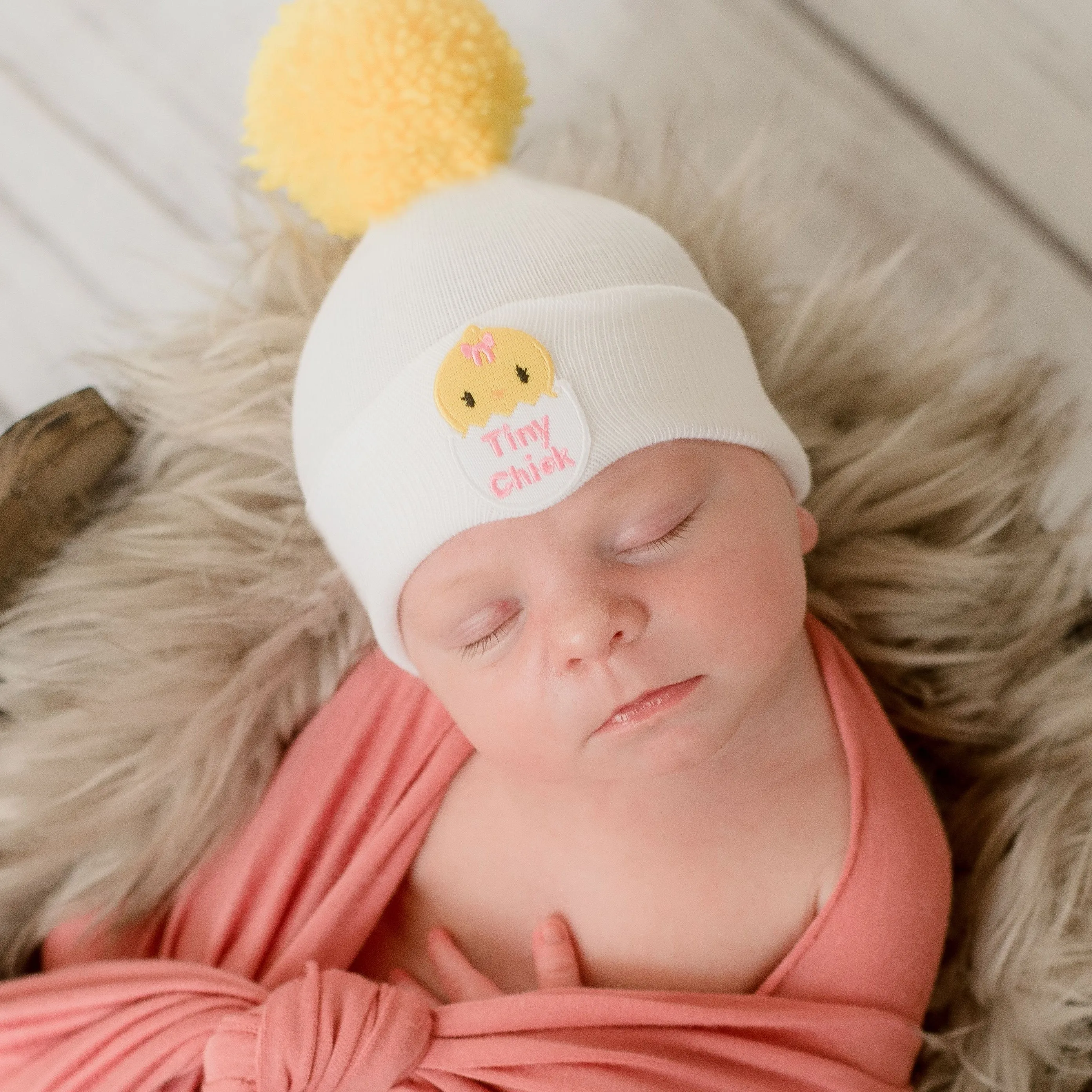 Tiny Chick Pom White Newborn Girl Hospital Hat