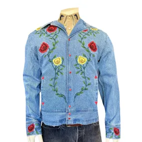 Unisex Vintage Western Denim Bolero Jacket with Floral Embroidery