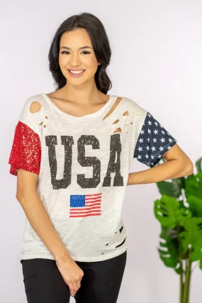 USA Sequin Graphic Distressed Tee Shirt