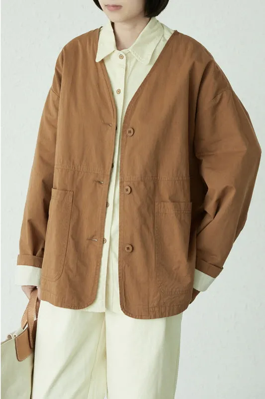 V-Neck Loose Jacket Japanese Retro Solid Color Versatile Mid-Length Shirt Design Niche Style