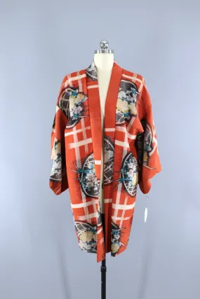 Vintage 1920s Silk Haori Kimono Jacket Cardigan /Meisen Ikat Dark Orange Floral