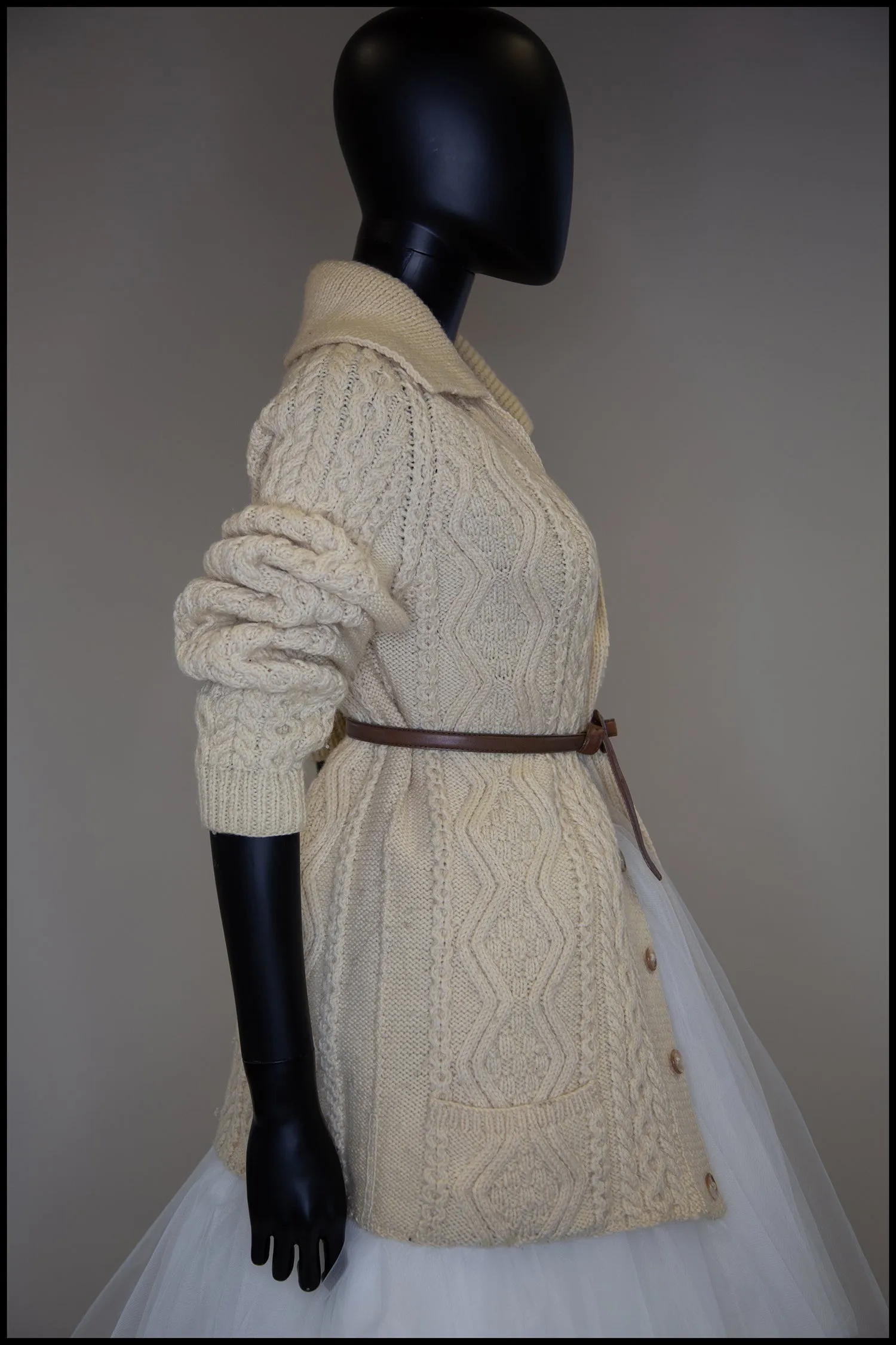 Vintage 1970s Cream Aran Knit Long Cardigan