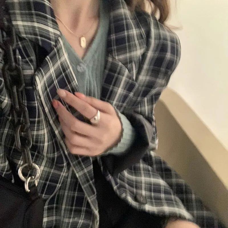 Vintage Notched Collar Plaid Blazer Breasted Jacket