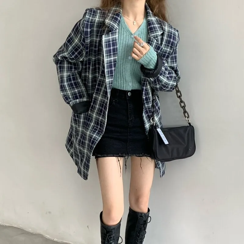 Vintage Notched Collar Plaid Blazer Breasted Jacket