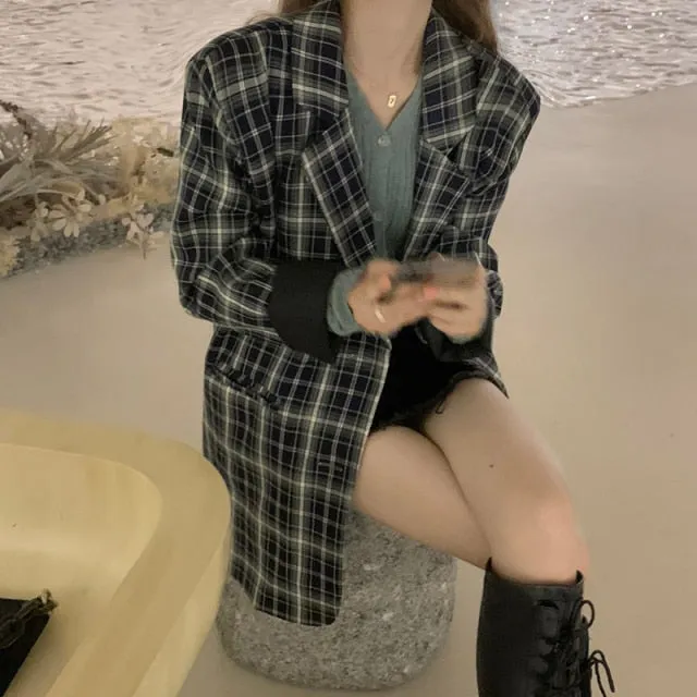 Vintage Notched Collar Plaid Blazer Breasted Jacket