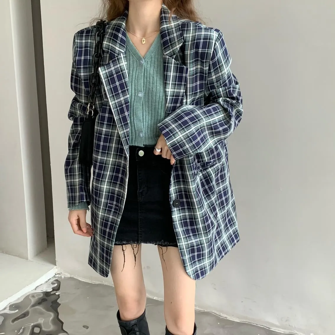 Vintage Notched Collar Plaid Blazer Breasted Jacket