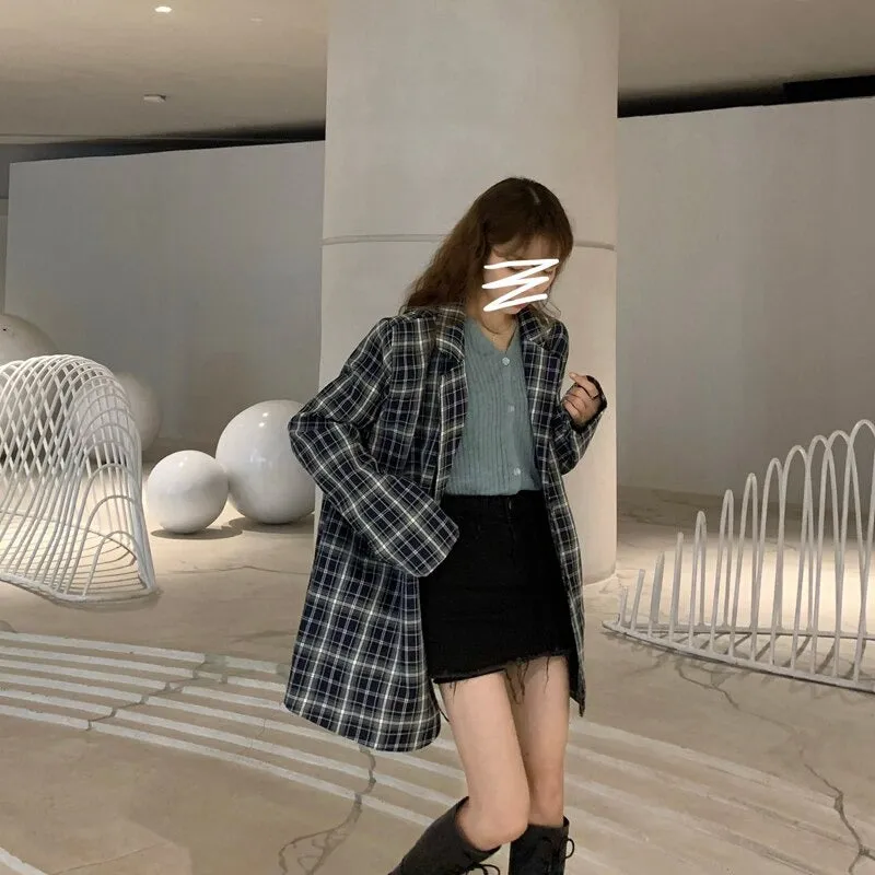 Vintage Notched Collar Plaid Blazer Breasted Jacket