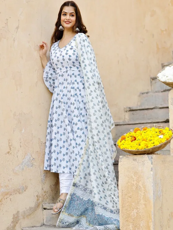 White & Blue Ethnic Block Printed Flared Kurta Set (Set of 3)