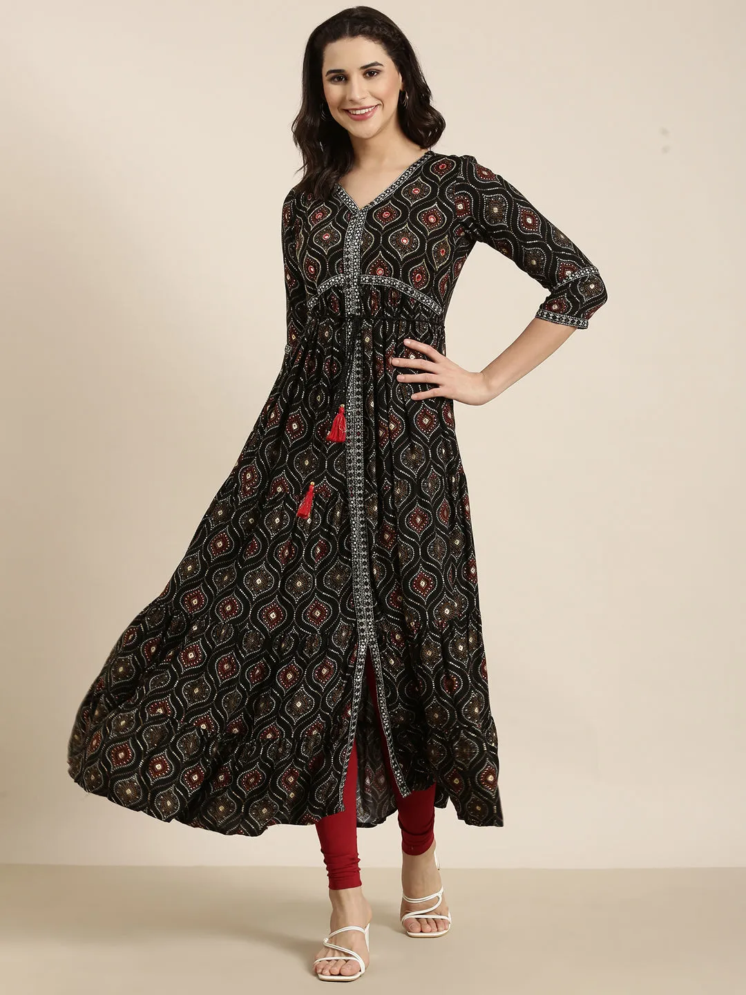 Women Anarkali Black Bandhani Kurta