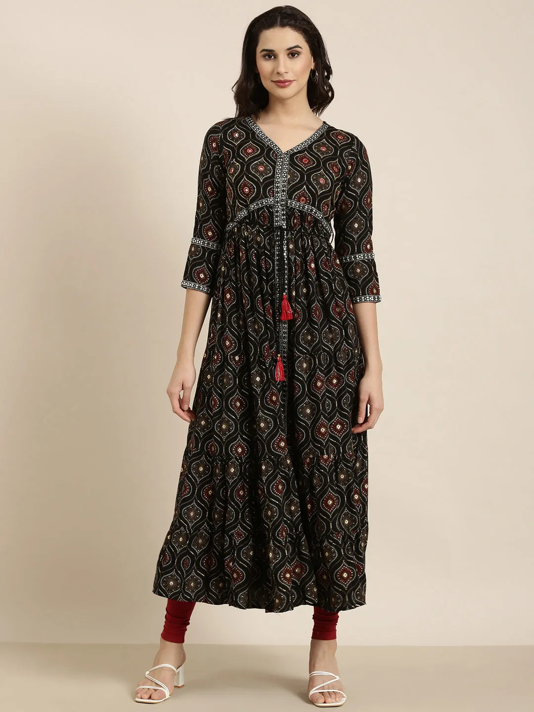 Women Anarkali Black Bandhani Kurta