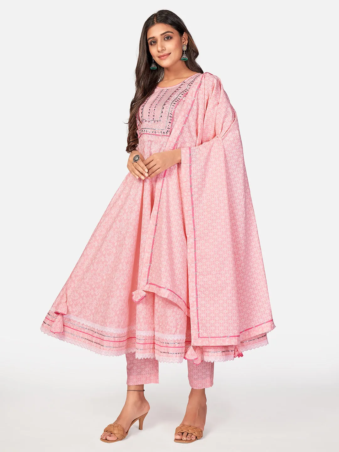 Women Baby Pink Cotton Anarkali Kurta With Pant & Dupatta (3Pcs Set)