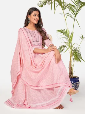 Women Baby Pink Cotton Anarkali Kurta With Pant & Dupatta (3Pcs Set)