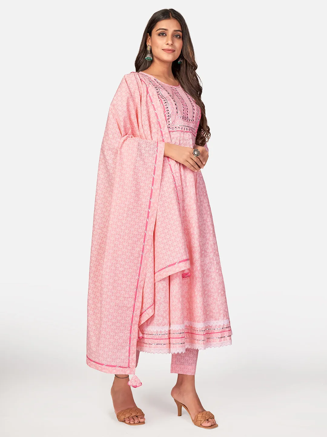 Women Baby Pink Cotton Anarkali Kurta With Pant & Dupatta (3Pcs Set)