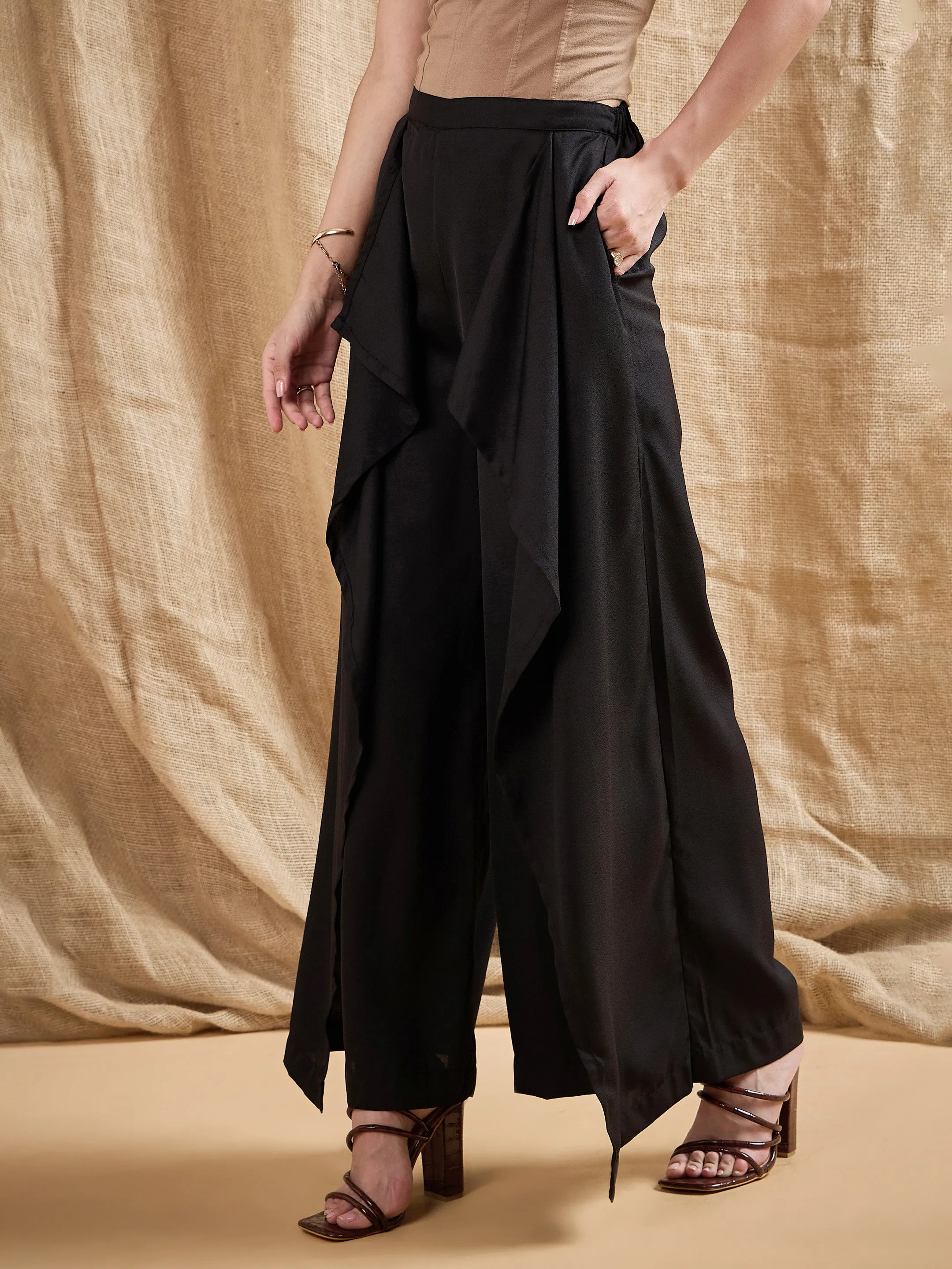 Women Black Front Frill Pants