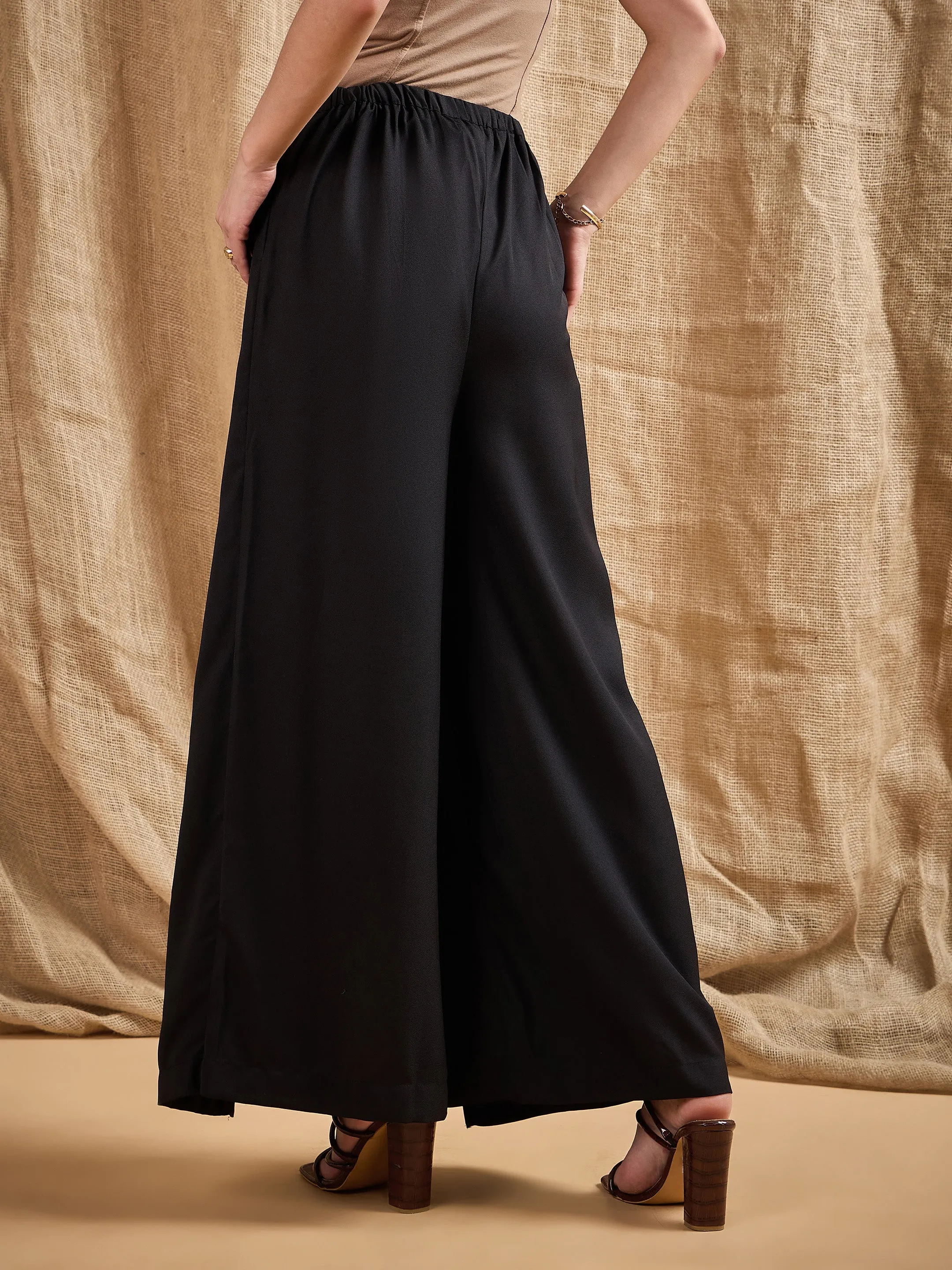 Women Black Front Frill Pants