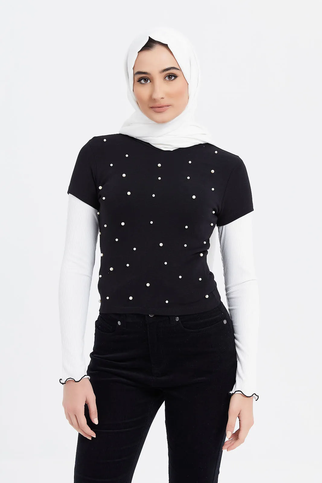 Women Black Pearl Embellished Top