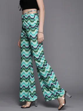 Women Blue Chevron Waist Tie Bellbottom Pants