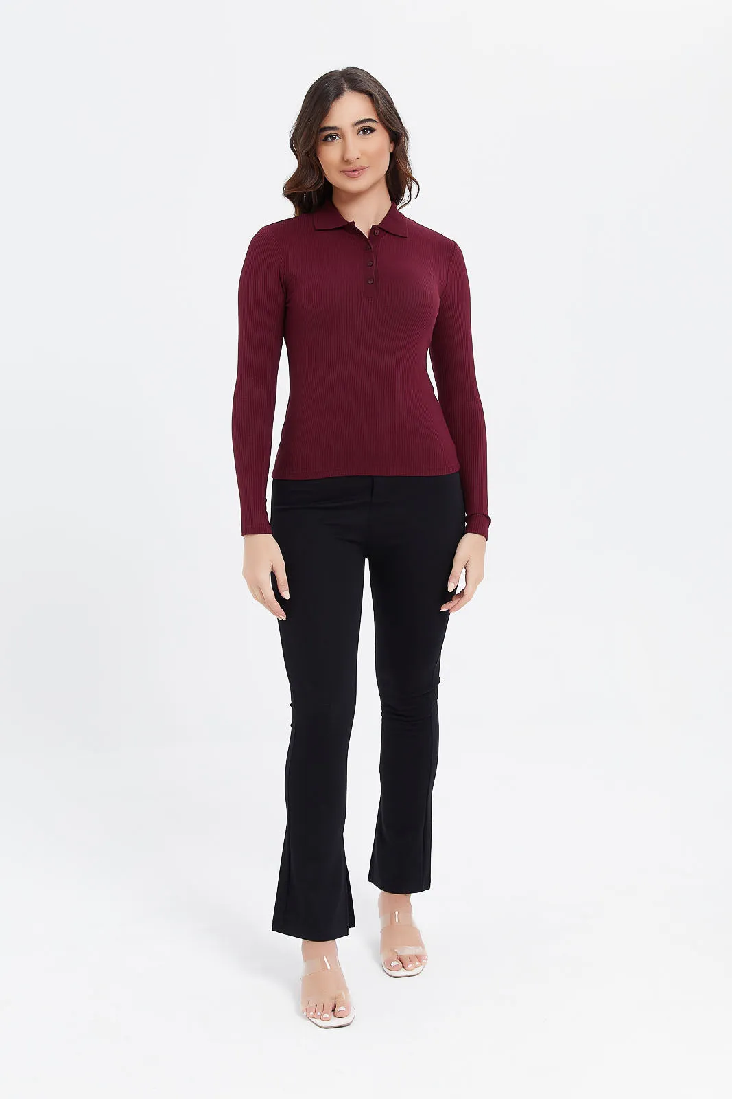 Women Burgundy Ribbed Polo Shirt