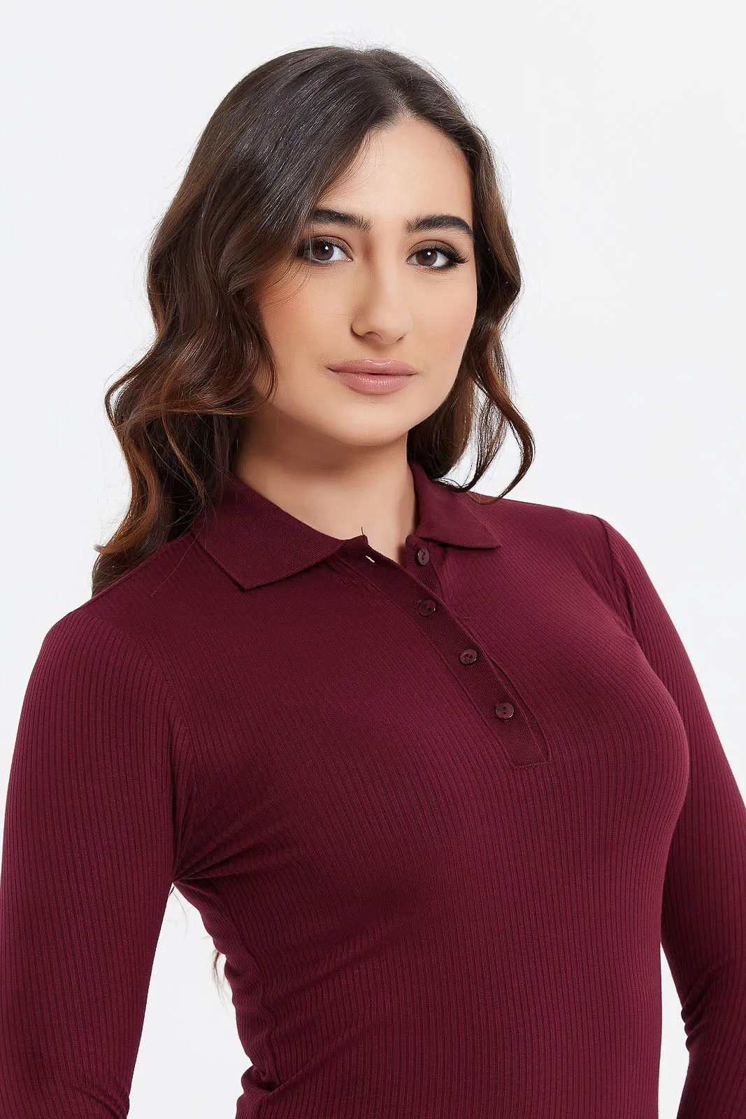 Women Burgundy Ribbed Polo Shirt