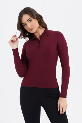 Women Burgundy Ribbed Polo Shirt