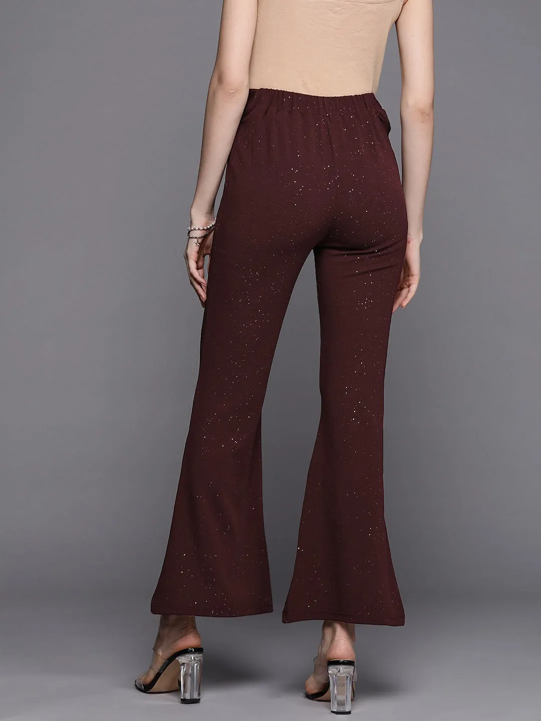 Women Burgundy Shimmer Twisted Bellbottom Pants