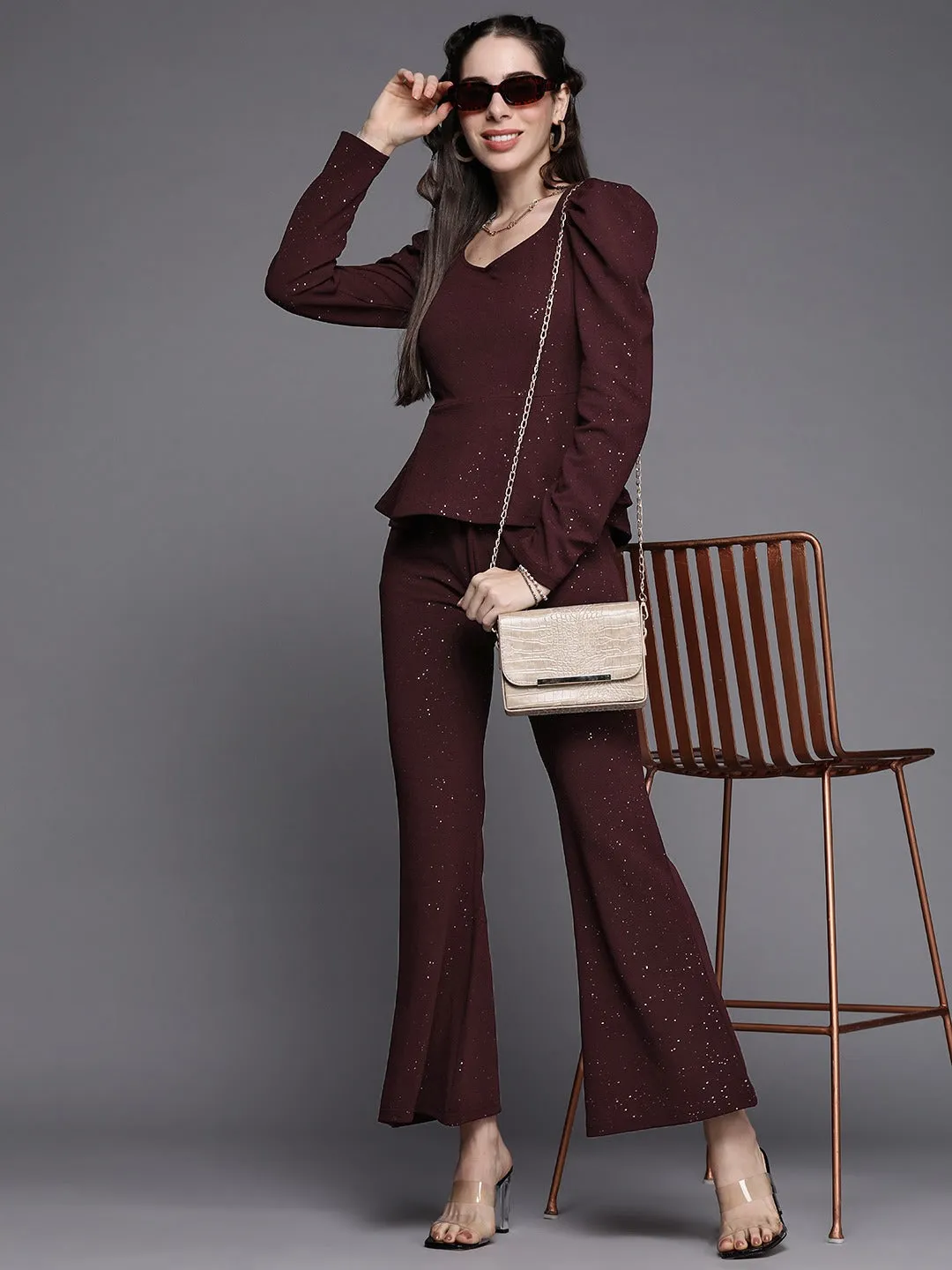 Women Burgundy Shimmer Twisted Bellbottom Pants