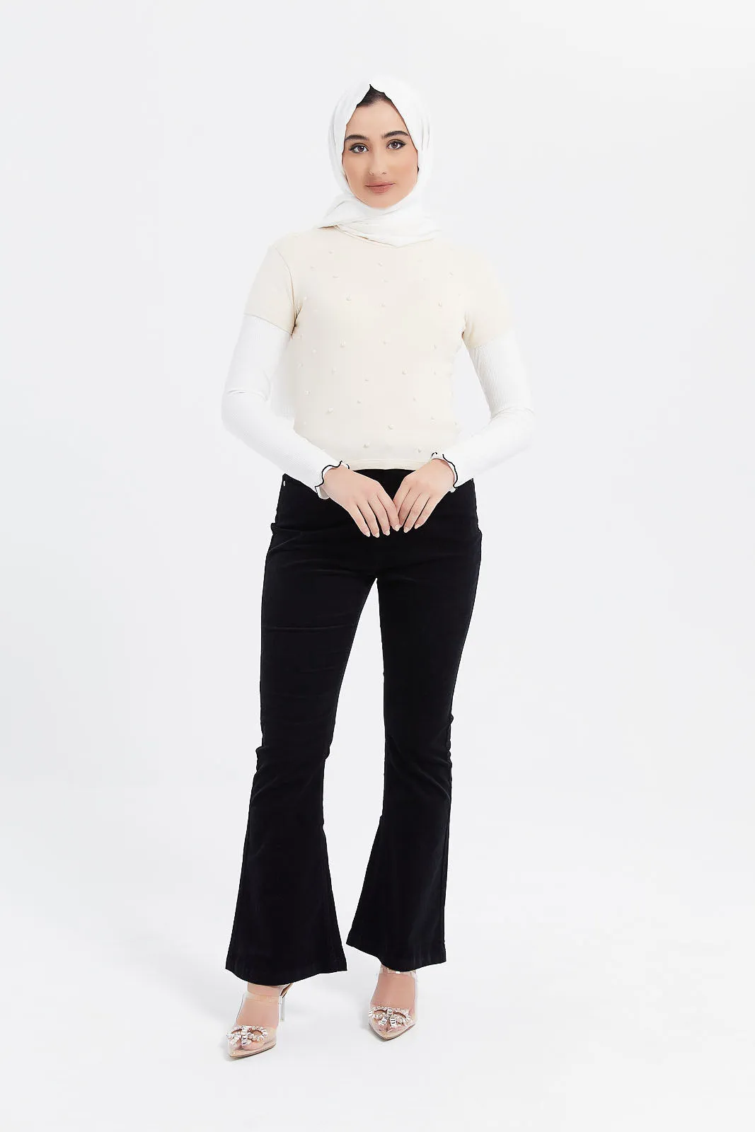 Women Ecru Pearl Embellished Top