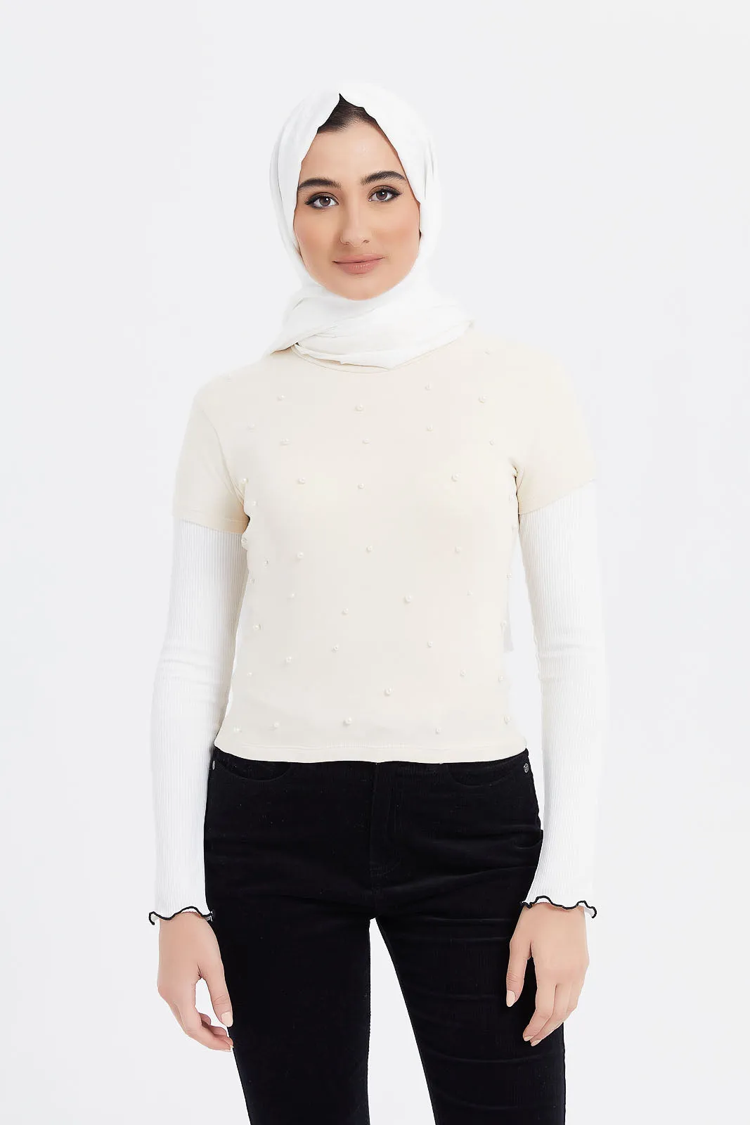 Women Ecru Pearl Embellished Top