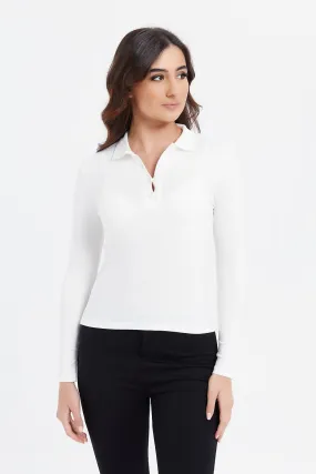 Women White Ribbed Polo Shirt