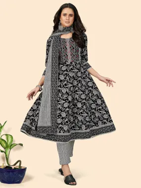 Women'S Black Printed Anarkali Kurta With Pants & Dupatta (3 Pc Set)