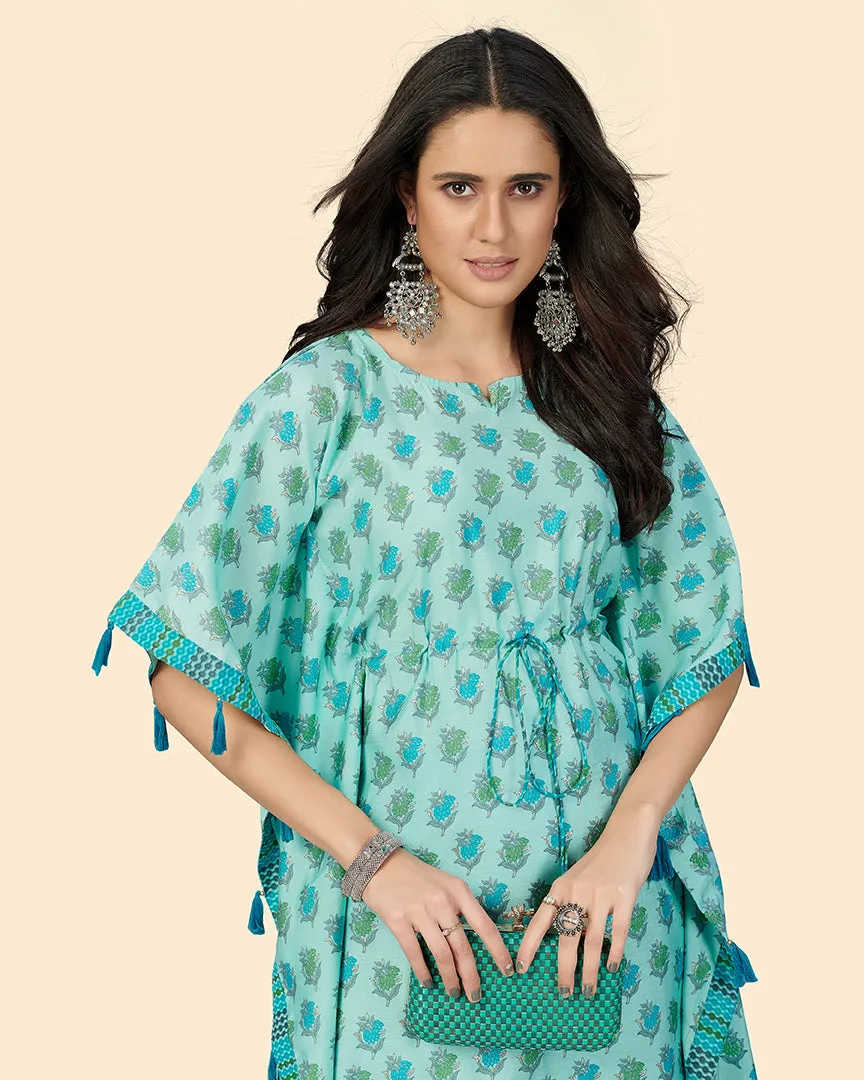 Women'S Blue Printed Muslin Kaftan Kurta With Pants Set (2 Pc Set)