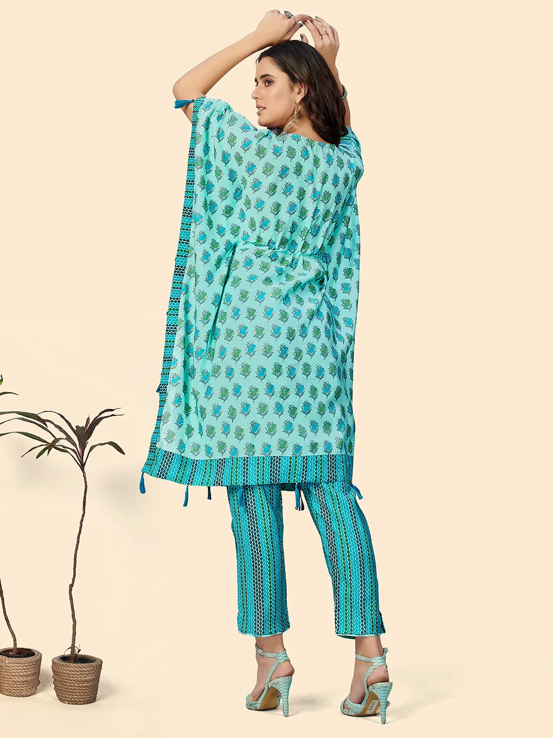 Women'S Blue Printed Muslin Kaftan Kurta With Pants Set (2 Pc Set)