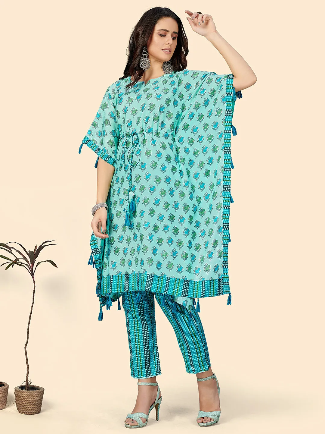 Women'S Blue Printed Muslin Kaftan Kurta With Pants Set (2 Pc Set)