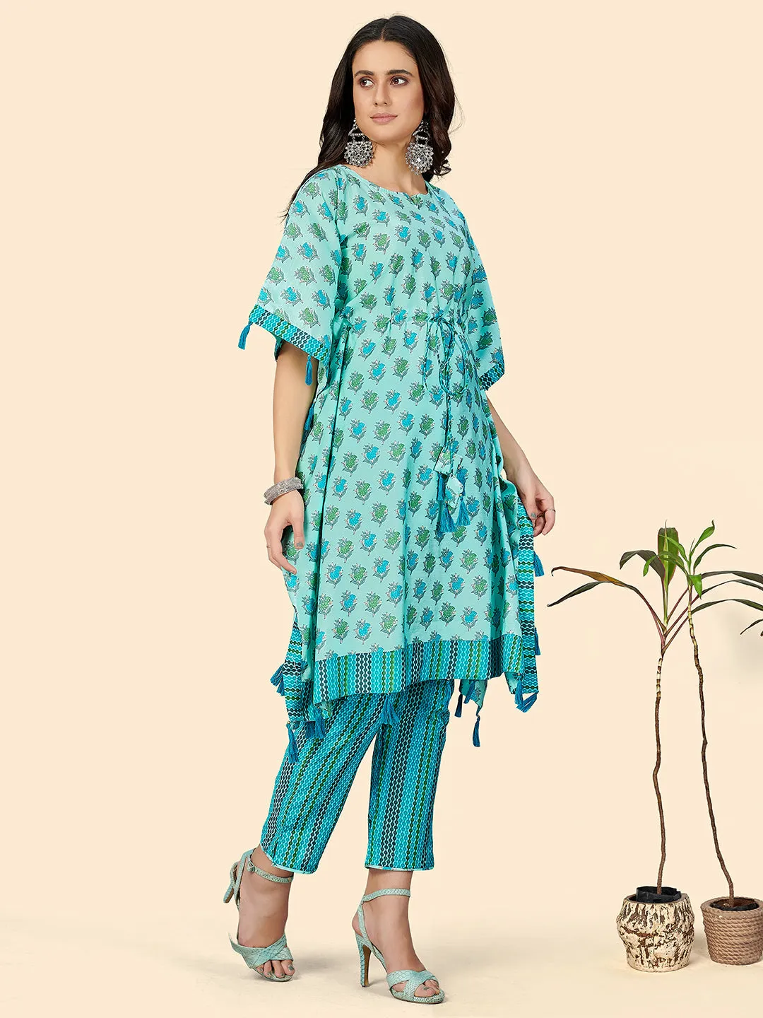 Women'S Blue Printed Muslin Kaftan Kurta With Pants Set (2 Pc Set)