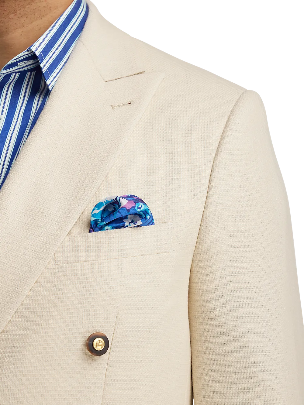 Wool Blend Double Breasted Peak Lapel Sport Coat - Cream