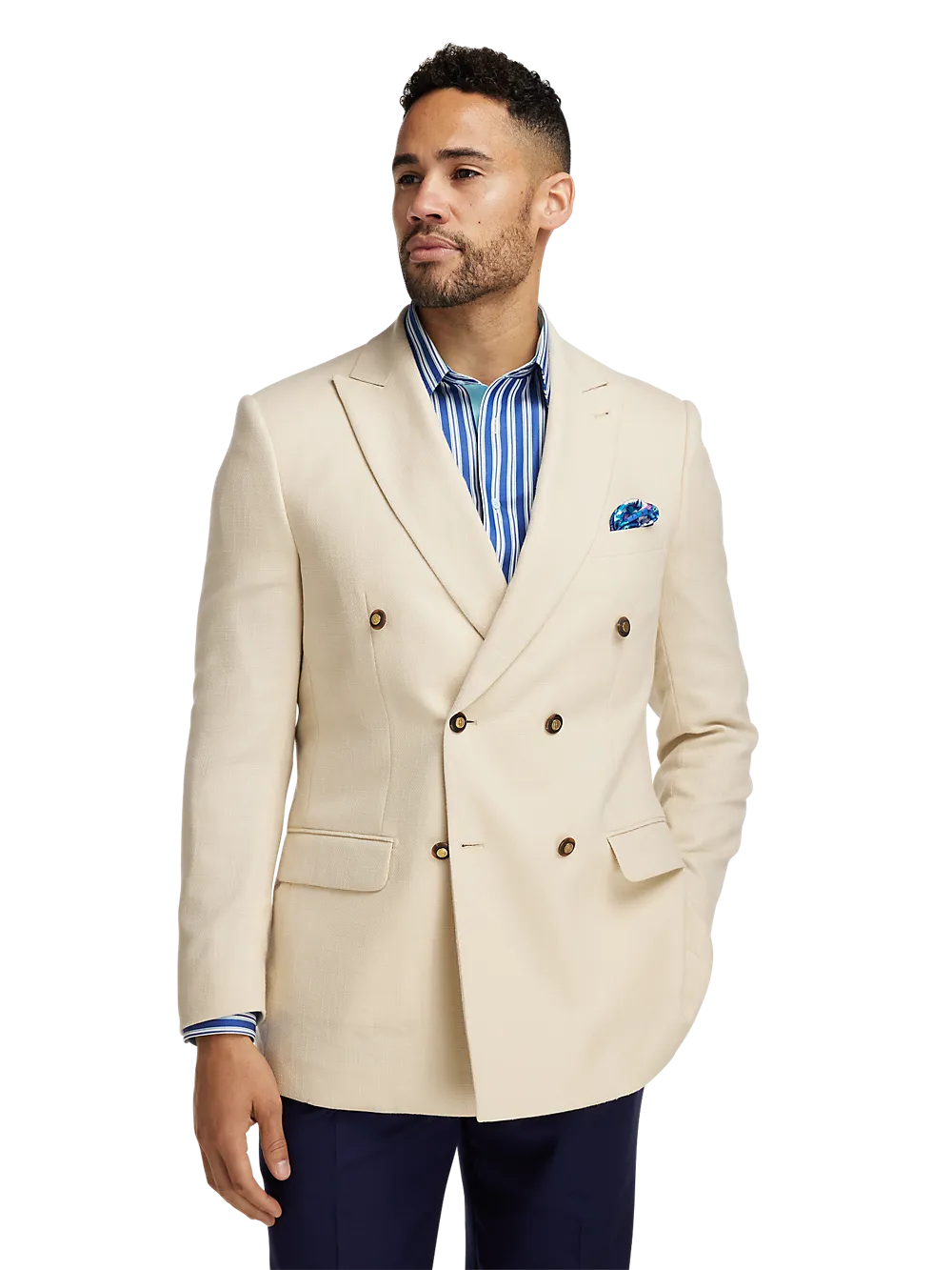 Wool Blend Double Breasted Peak Lapel Sport Coat - Cream