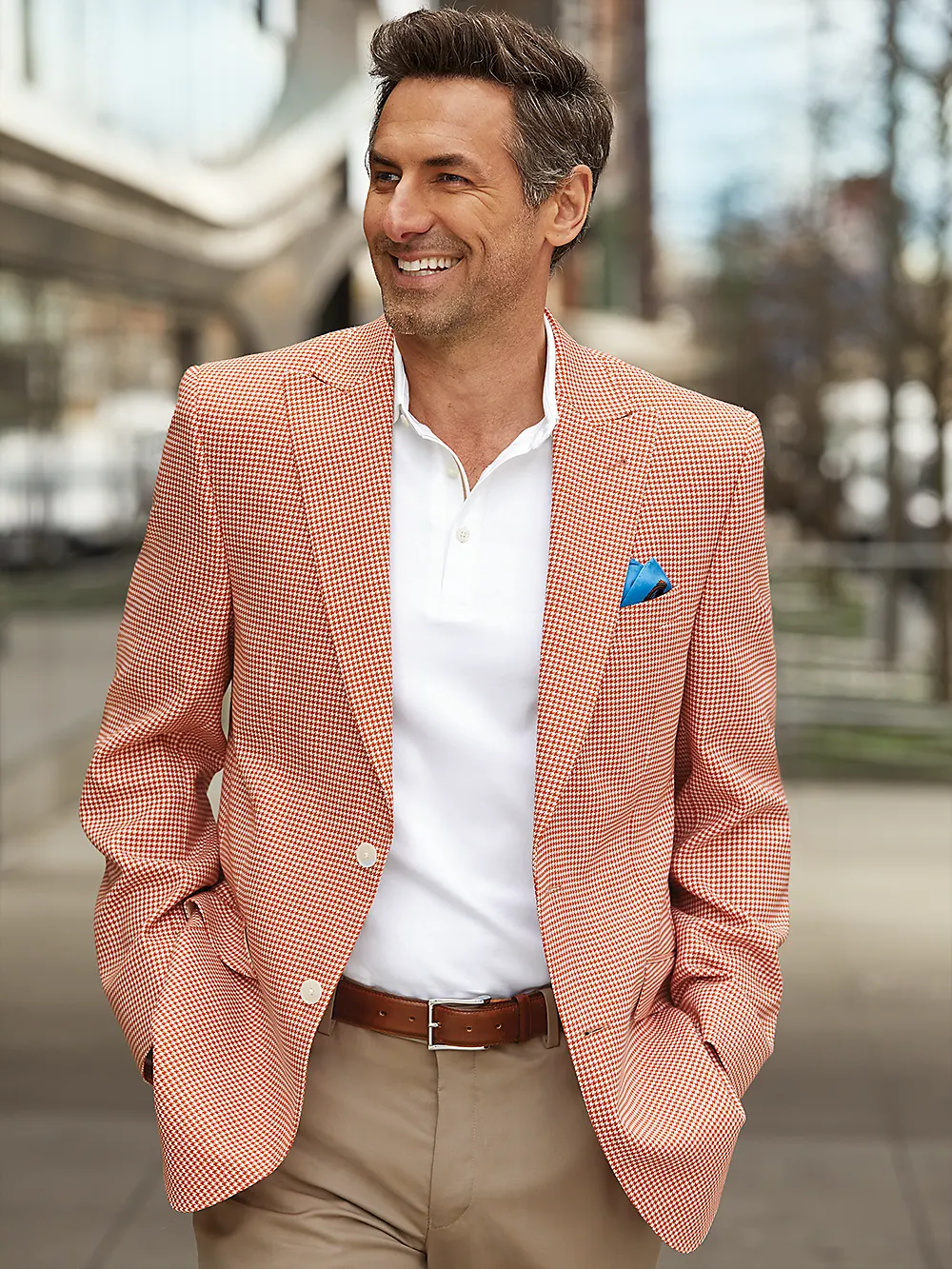 Wool Houndstooth Single Breasted Peak Lapel Sport Coat - Melon