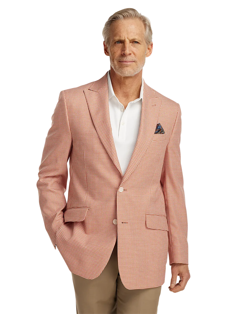 Wool Houndstooth Single Breasted Peak Lapel Sport Coat - Melon