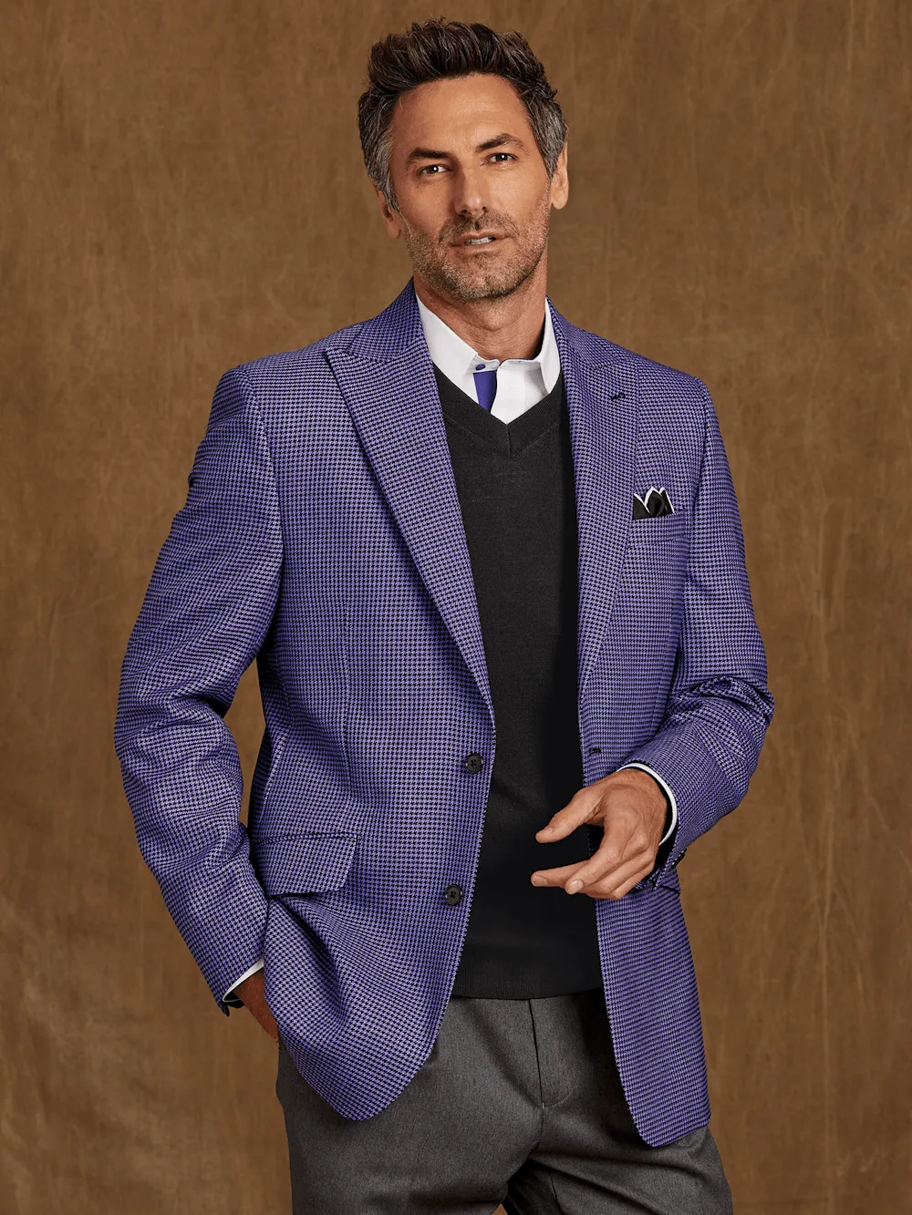 Wool Houndstooth Single Breasted Peak Lapel Sport Coat - Purple